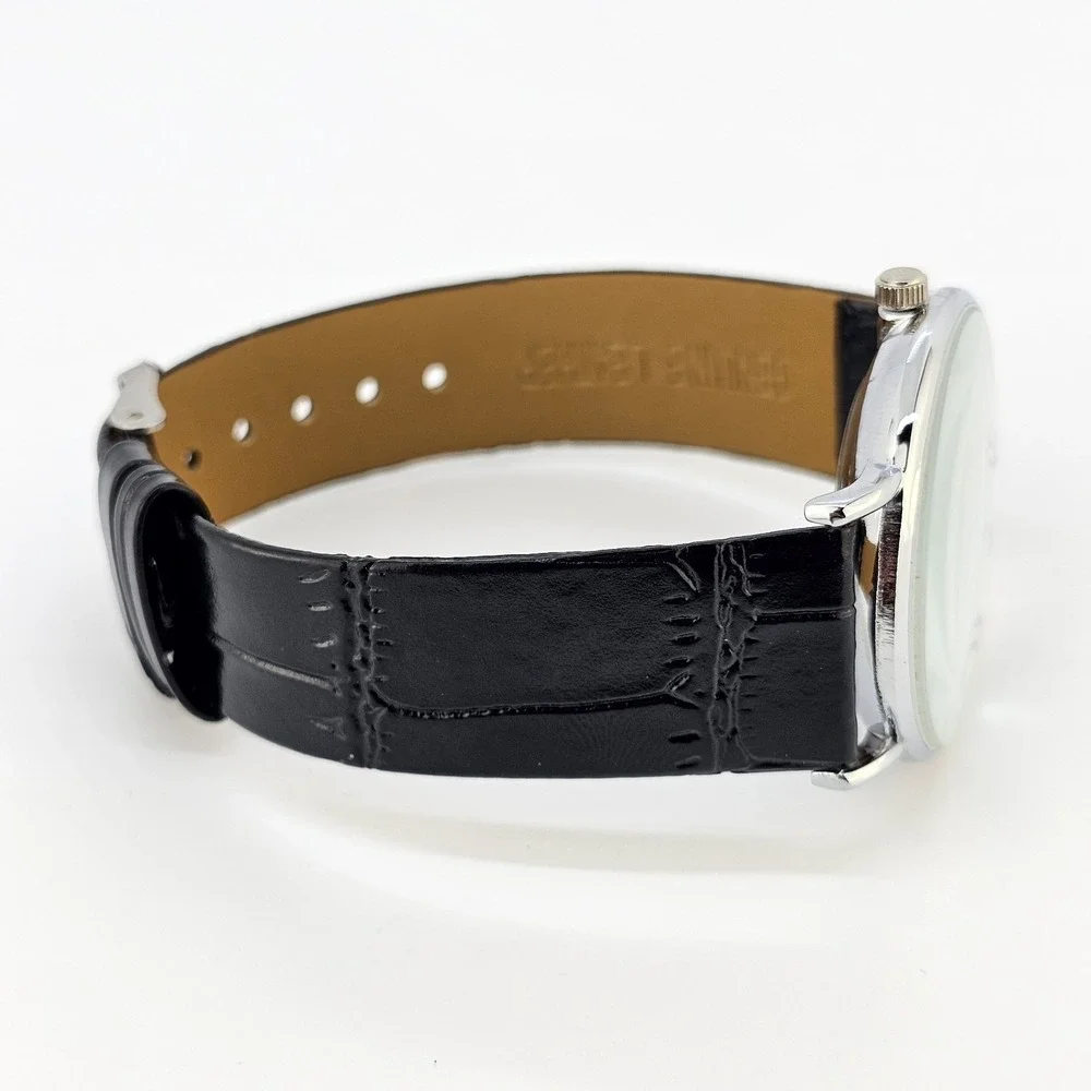 Men's Analog Watch 38MM White Dial Black Faux‎ Leather Bands New Battery